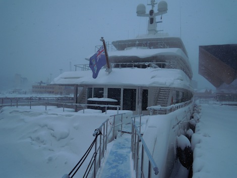 Image for article Owner takes delivery of 'Maidelle' on  snowy seas