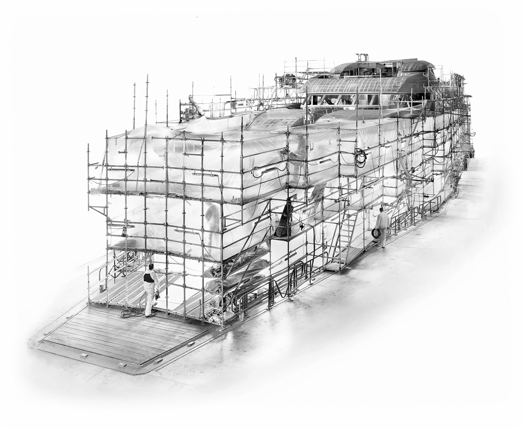 Line drawing of ship in refit