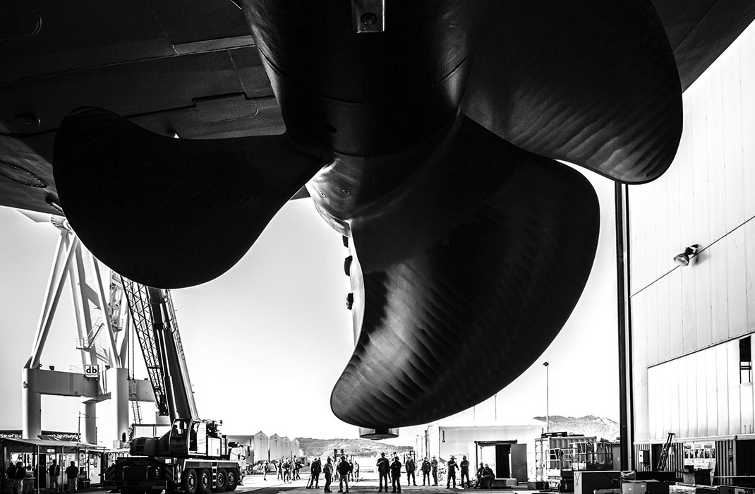 Black and white photo of captain on a superyacht